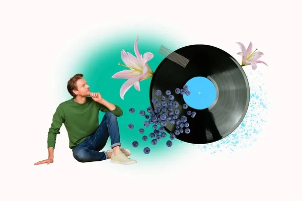 Creatief Beeld Tekening Collage Van Bedachtzame Man Luisteren Vinyl Plaat — Stockfoto
