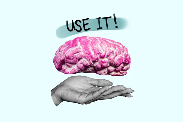 Composite Creative Art Collage Hand Hold Pink Brain Mind Consciousness — Stock Photo, Image