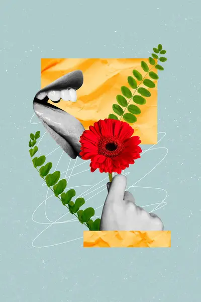 Kreatywna Grafika Zdjęcie Kolaż Obraz Kobiety Lizanie Języka Czerwony Kwiat — Zdjęcie stockowe