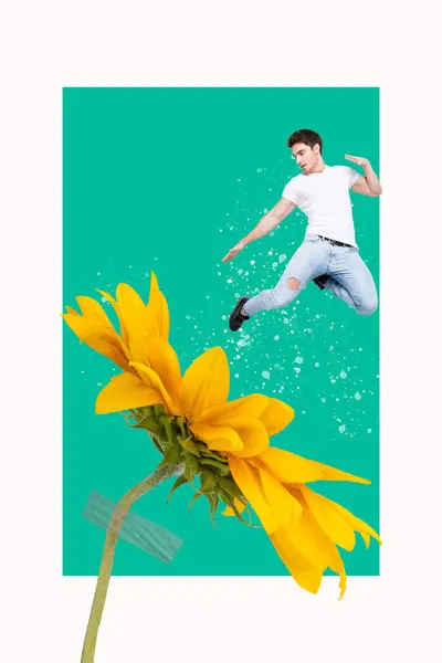Vertical Collage Image Poster Young Funky Man Jumping Flower Trampoline — Stock Photo, Image
