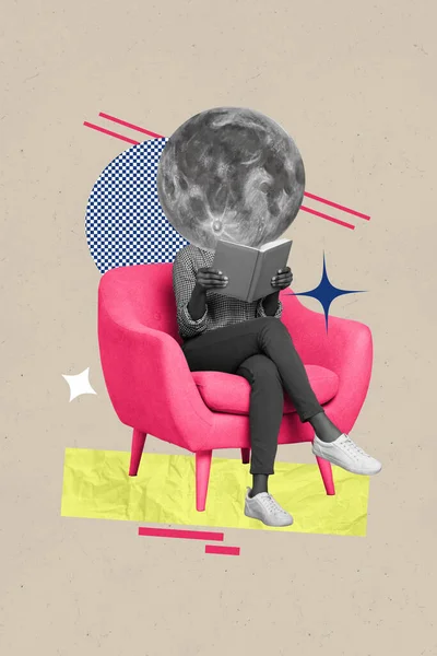 若いヘッドレスの少女が座っている垂直コラージュポスター読書の物語文学趣味惑星月表書店特別オファー — ストック写真