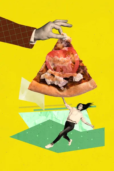 Vertical collage poster young running woman touch pizza slice junk fastfood calories unhealthy nutrition yellow background.