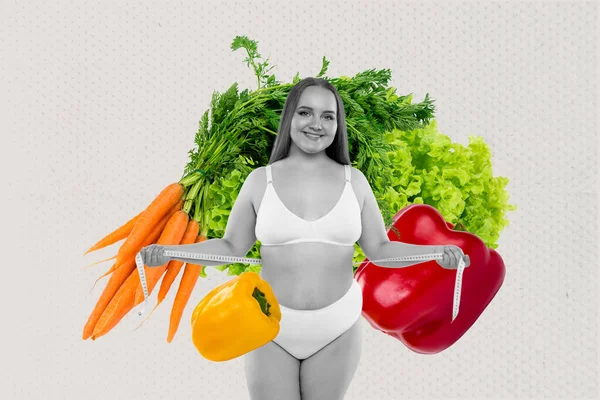 Kreativní Obrázek Koláž Motivované Ženy Zdravé Stravování Pro Hubnutí Opatření — Stock fotografie