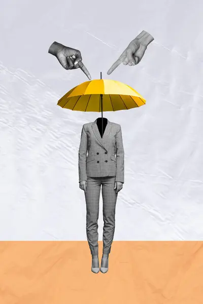 Vertical Creative Art Collage Girl Instead Head Yellow Umbrella Point — Stock Photo, Image