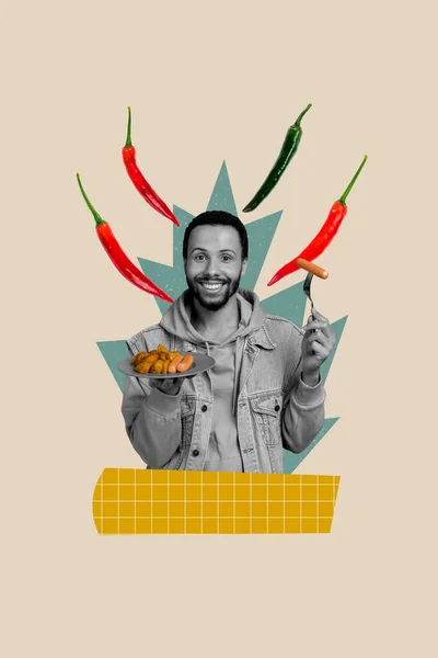 Κολάζ Εικόνα Artwork Του Χαρούμενου Χαρούμενος Άνθρωπος Τρώει Πικάντικο Ζεστό — Φωτογραφία Αρχείου