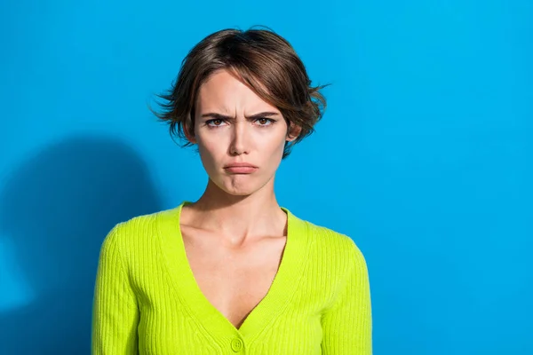 Photo Unsatisfied Disappointed Lady Sullen Eyebrows Face Empty Space Isolated — Stock Photo, Image