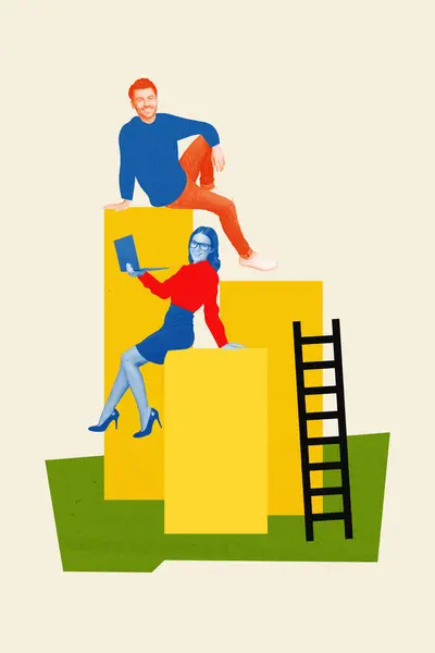 塗装された背景で孤立した会社で一緒にキャリアを構築する女性男性の垂直創造的な複合写真コラージュ — ストック写真