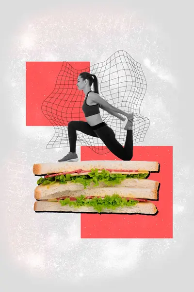 Vertikální Grafika Koláž Obraz Dívky Sportovec Zrušit Nezdravé Fast Food — Stock fotografie