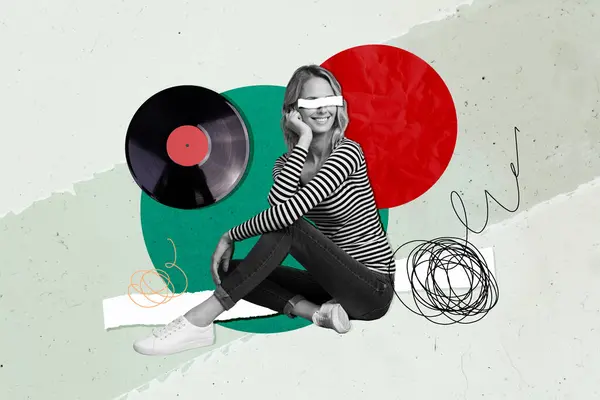 Kreative Collage Junge Sitzende Mädchen Schneiden Augen Sehteller Vinyl Platte — Stockfoto