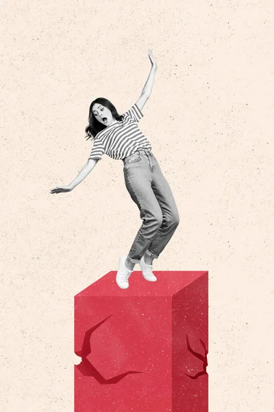 Vertical Collage Young Balancing Girl Fall Square Platform Reach Success — Stock Photo, Image