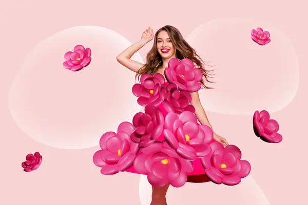 Artwork collage of carefree dreamy lady walking wearing flowers dress isolated pink color background.