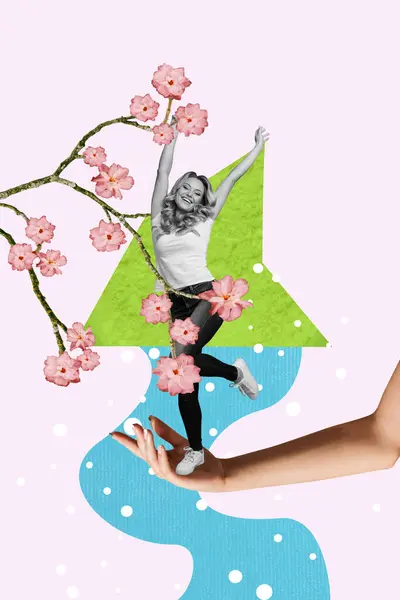 Vertical collage of big arm palm hold mini excited black white effect girl dancing tree branch flowers isolated on pink background.