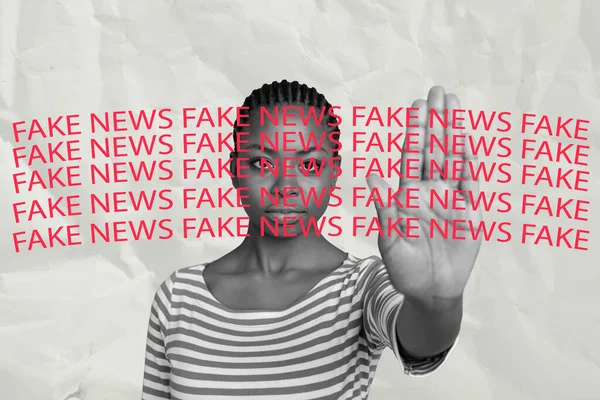Collage Retro Skecz Wizerunek Poważnej Pani Pyta Stop Fake News — Zdjęcie stockowe