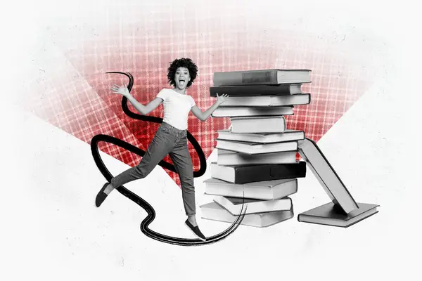 幸せな喜びの少女のジャンプのスタックの本のコレクション文学知識の学生の啓蒙の複合グラフィックのコラージュのイメージ白い色の背景で隔離される — ストック写真