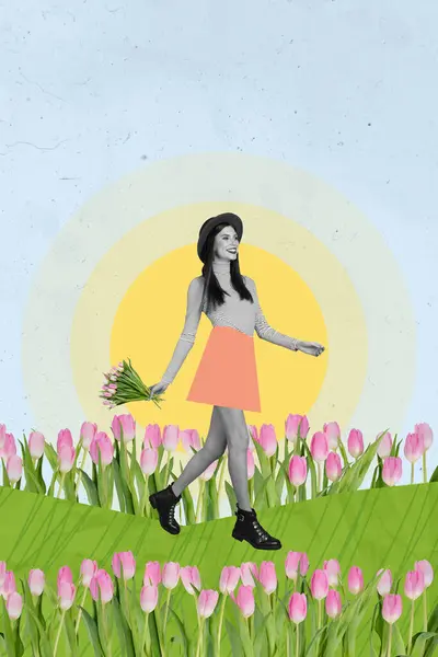 Collage 3d pinup pop retro sketch image of happy smiling lady walking field collecting flowers isolated painting background.
