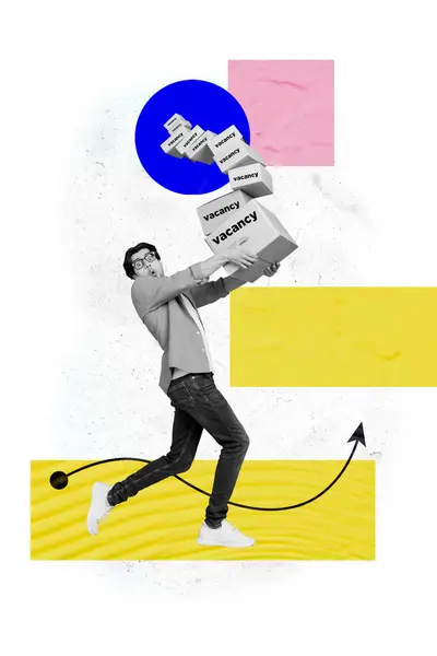 Vertical Collage Young Man Carry Carton Boxes Vacancy Job Recruitment — Stock Photo, Image