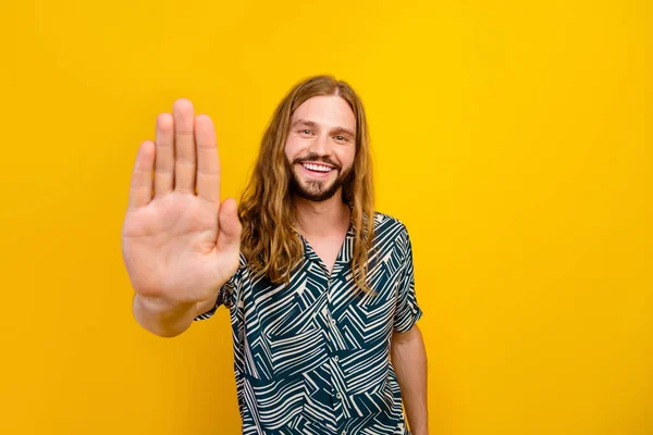 Photo Attractive Funky Guy Wear Print Shirt Showing Arm Palm — Stock Photo, Image