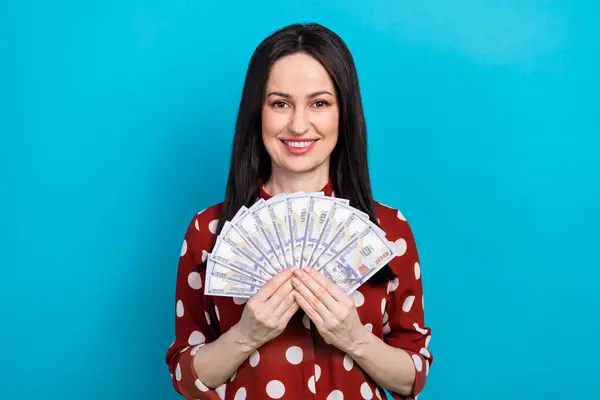 Foto Portret Van Mooie Vrouwelijke Hold Dollars Geld Fan Gekleed — Stockfoto