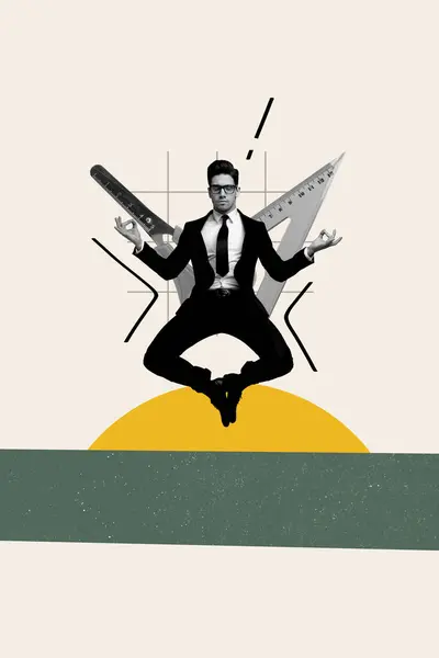 Vertical Creative Collage Image Funny Businessman Employee Meditate Keep Balance — Stock Photo, Image