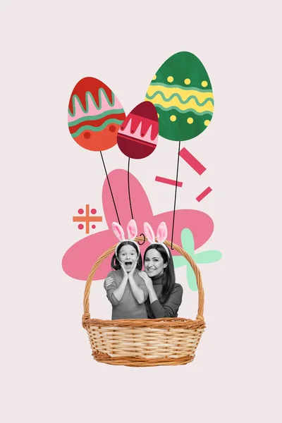 Vertical Collage Poster Young Little Amazed Girl Mother Daughter Easter — Stock Photo, Image