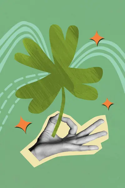 Briefkaart Collage Banner Van Hand Houden Groen Symbolisch Blad Shamrock — Stockfoto