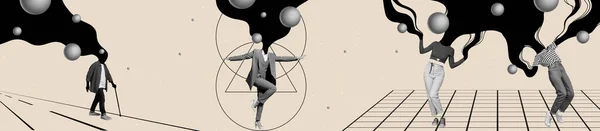 パノラマの創造的な映像のコラージュのヘッドレスの女性の体歩く年金ダンスファンキーな概念の風刺画の背景 — ストック写真