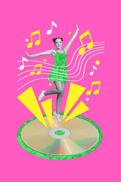 Collage Vertical Señora Funky Con Vestido Verde Festivo Divertirse Escuchar —  Fotos de Stock