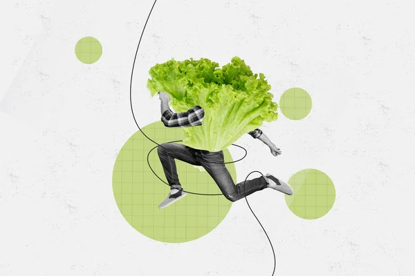 Creative Abstract Collage Young Active Man Run Instead Head Lettuce — Stock Photo, Image