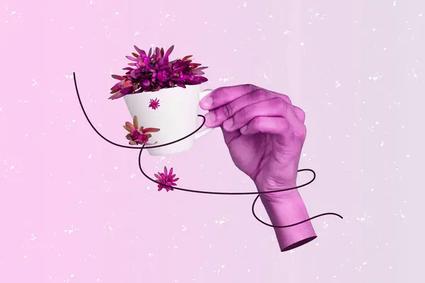 Composite 3d photo artwork graphics collage of hand hold cup flower ikebana composition florist break pause hallucination isolated on painted background.