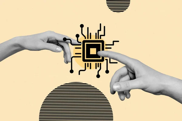 Collage Foto Illustration Von Modernen Mikrochip Prozessor Zeigefinger Neue Technologie — Stockfoto