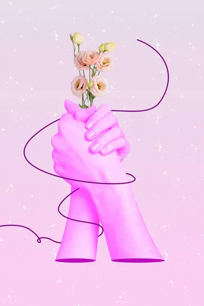 手のクリエイティブな垂直コラージュアートイラスト 一緒にサポート契約ピンクの花ステレオタイプの女性のパワー パステル背景 — ストック写真