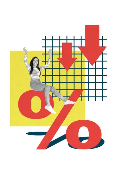 Collage Verticale Giovane Ragazza Divertente Sedersi Sul Simbolo Percentuale Problemi — Foto Stock
