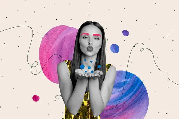 Verbundwerkstoff Foto Kunstwerk Grafik Collage Von Jungen Mädchen Blasen Konfetti — Stockfoto