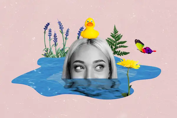 Collage Imagen Compuesta Chica Joven Pato Cabeza Estanque Lago Río —  Fotos de Stock