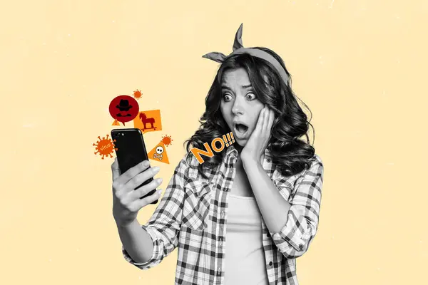 Magazine Collage Picture Impressed Funny Lady Having Modern Device Hacked — Stock Photo, Image
