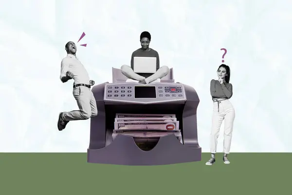 Composite Creative Art Collage Businesspeople Team Automatic Counting Machine Dollars — Stock Photo, Image