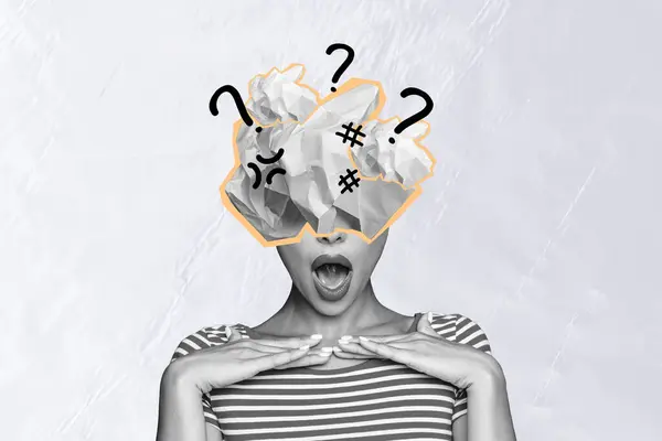 Collage Bild Von Sprachlosen Schwarz Weiß Effekt Mädchen Zerknüllt Papier — Stockfoto