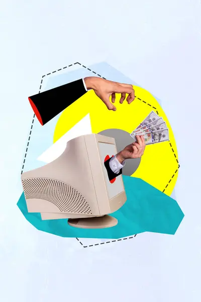 縦のコラージュの創造的な絵のイラスト つのビジネスパートナーの人手の取り引きの支払スクリーン与えるお金の現金の多彩なテンプレート — ストック写真
