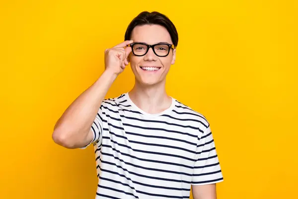 Photo Smart Positive Guy Stylish Hairdo Dressed Striped Shirt Fingers — Stock Photo, Image