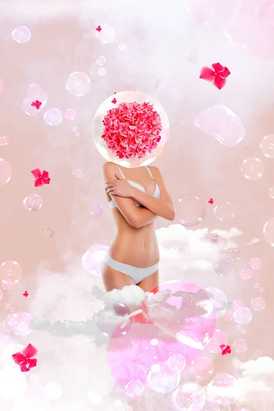 ベージュ色の背景に隔離された花と白い下着パンティとブラジャーヘッドレスバブルの美しい女性の垂直アートコラージュ — ストック写真