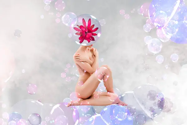 Collage Kunstwerk Fantasierende Dame Unbekleidet Sitzend Ohne Kleidung Kopflos Badezimmer — Stockfoto