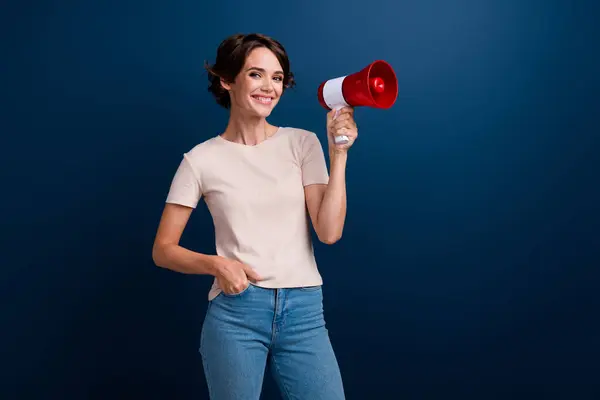 Photo Portrait Lovely Young Lady Hold Megaphone Promoter Wear Trendy — Stock Photo, Image