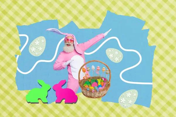 創造的な写真のコラージュの絵面白い祖父ウサギのピンクの衣装はイースター春の休日の祝祭イベントの主題の卵のバスケットを祝います — ストック写真