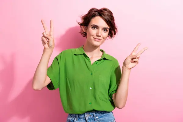 Photo Good Mood Positive Young Lady Wear Green Shirt Showing — Stock Photo, Image