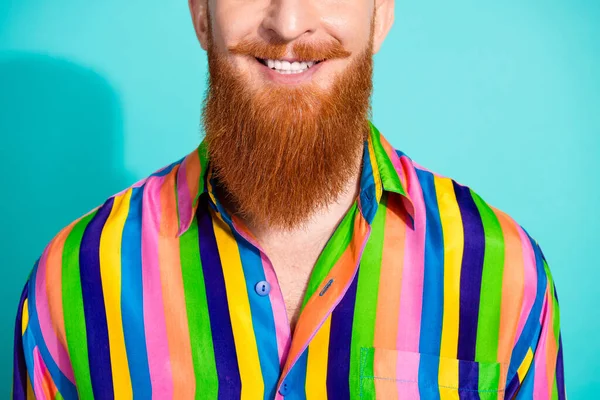 Cropped Photo Positive Smiling Man Demonstrates Red Groomed Beard Barbershop — Stock Photo, Image