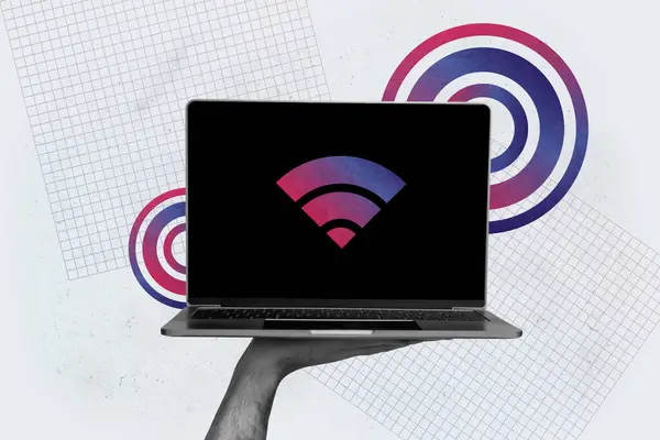 手持式新的Macbook屏幕保护符符号Wifi连接无速度区域在灰色背景下隔离的复合图形拼贴图像 — 图库照片