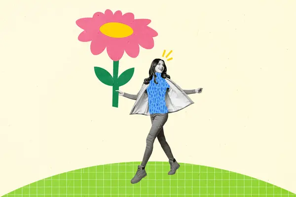 Retro Revista Colagem Imagem Senhora Despreocupada Animado Andando Entregando Flor — Fotografia de Stock