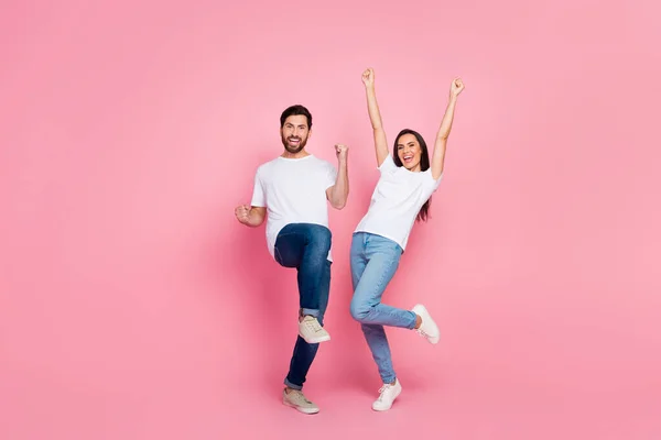 Full Length Photo Lovely Young Couple Raise Fists Celebrate Win — Stock Photo, Image