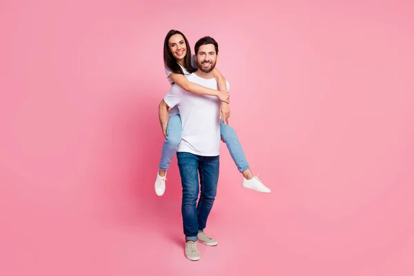 Full Size Photo Attractive Young Couple Piggyback Dating Have Fun — Stock Photo, Image