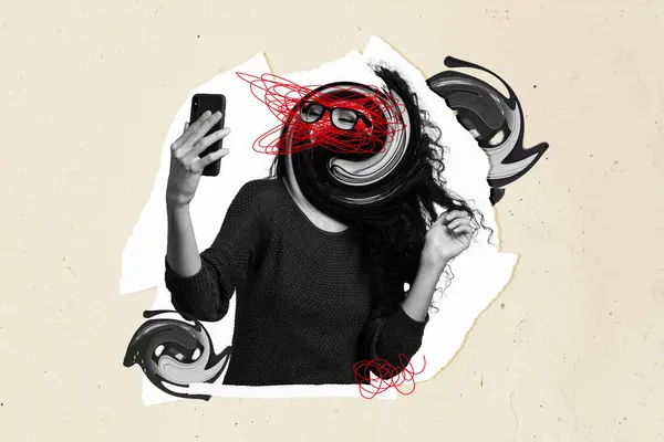 Creative Collage Unusual Weird Concept Young Woman Take Selfie Photo — Stock Photo, Image